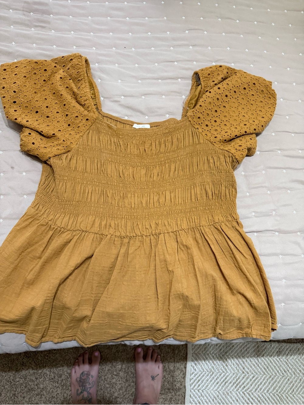 Maurices Mustard Eyelet Puff-Sleeve Smocked Tunic